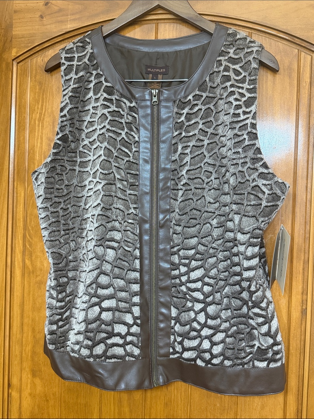 Multiples Women's Size L Animal Print Zip-Front Vest with Faux-Leather Trim